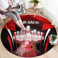 Red Bowling Strike Graphic Round Carpet with Pins and Ball and Custom Name Design - Wonder Print Shop