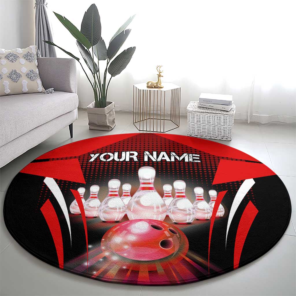 Red Bowling Strike Graphic Round Carpet with Pins and Ball and Custom Name Design - Wonder Print Shop