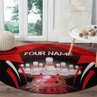 Red Bowling Strike Graphic Round Carpet with Pins and Ball and Custom Name Design - Wonder Print Shop