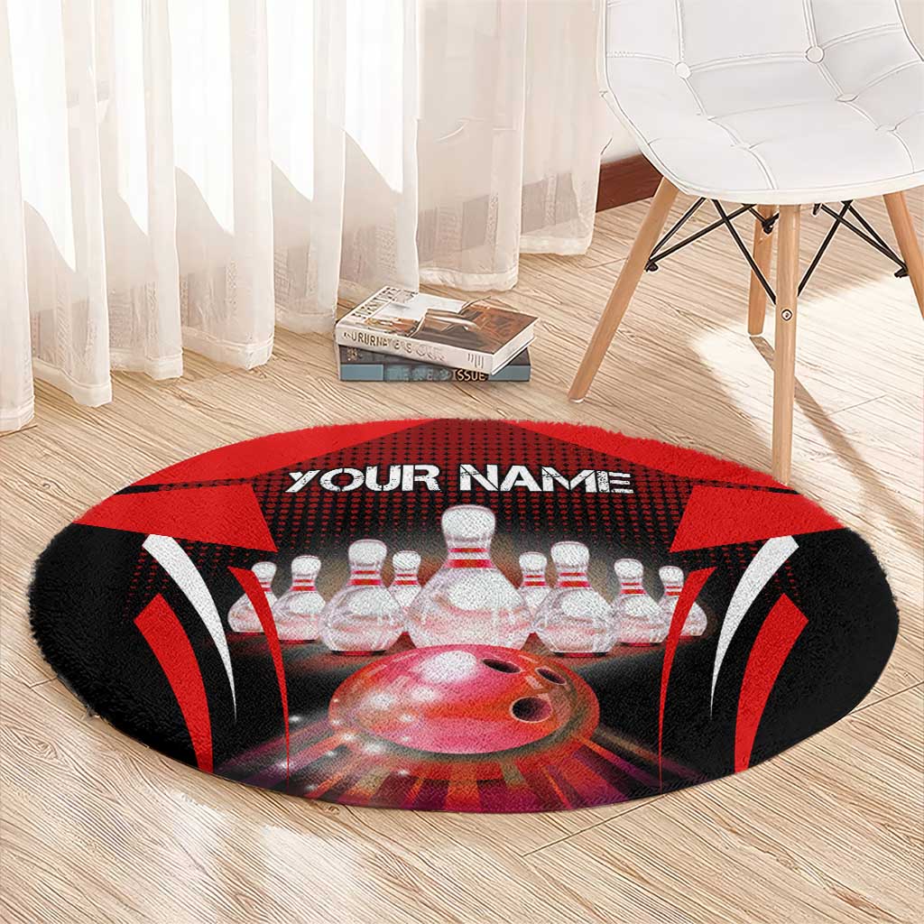 Red Bowling Strike Graphic Round Carpet with Pins and Ball and Custom Name Design - Wonder Print Shop