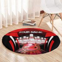 Red Bowling Strike Graphic Round Carpet with Pins and Ball and Custom Name Design - Wonder Print Shop