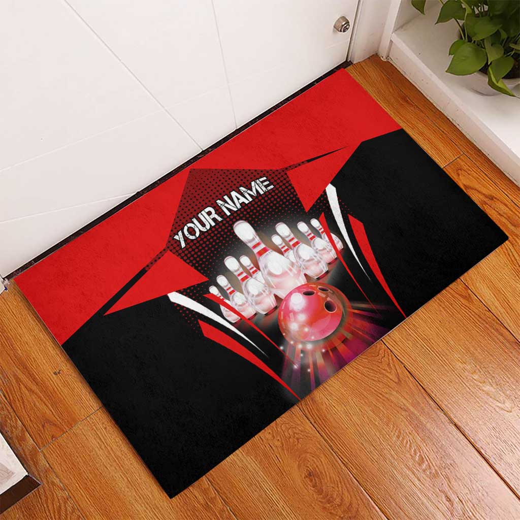 Red Bowling Strike Graphic Rubber Doormat with Pins and Ball and Custom Name Design - Wonder Print Shop