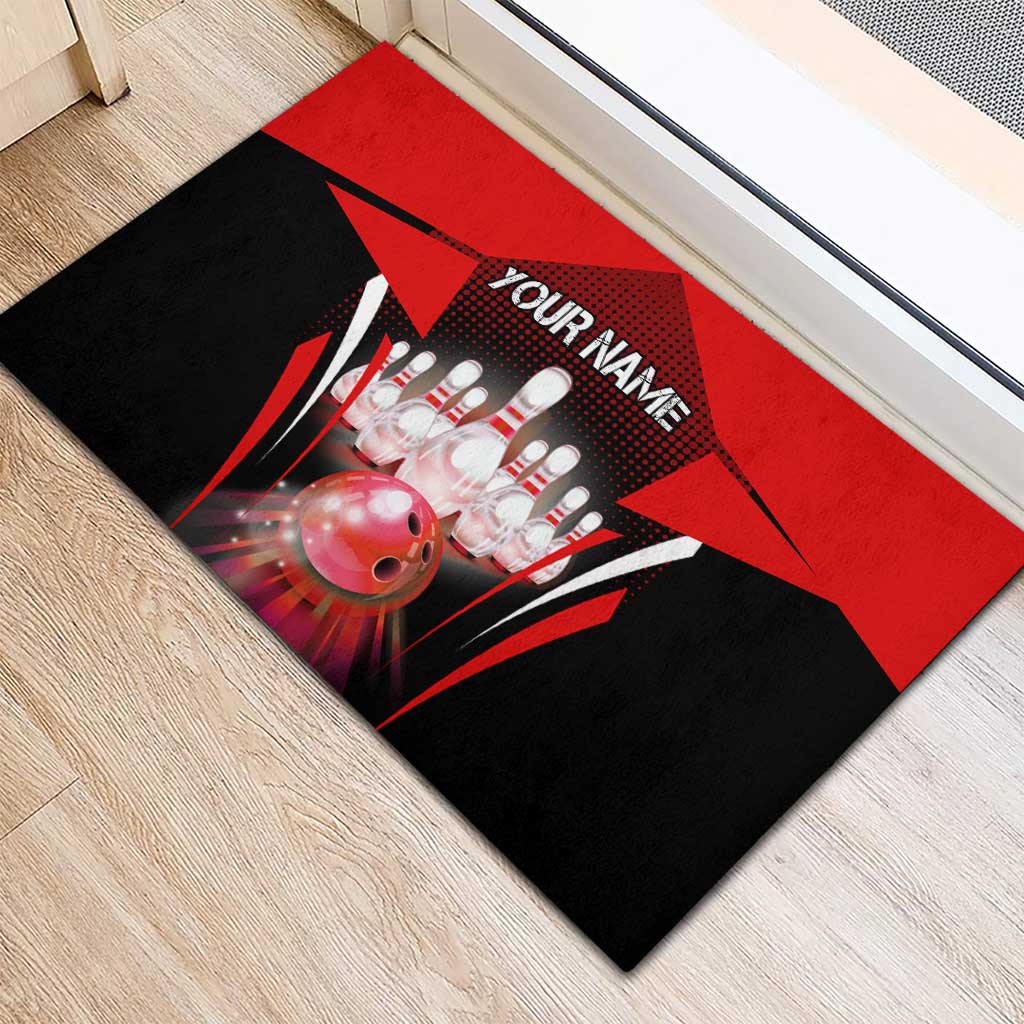 Red Bowling Strike Graphic Rubber Doormat with Pins and Ball and Custom Name Design - Wonder Print Shop