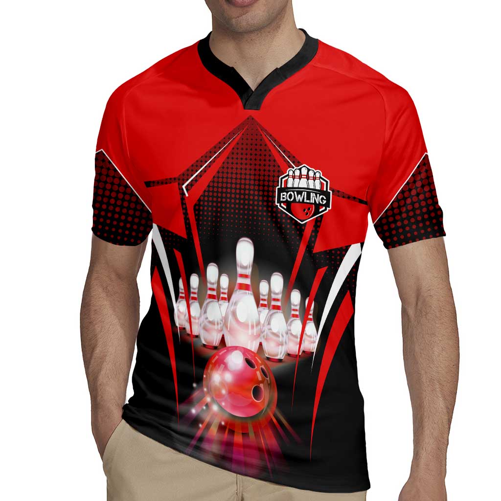 Red Bowling Strike Graphic Rugby Jersey with Pins and Ball and Custom Name Design - Wonder Print Shop