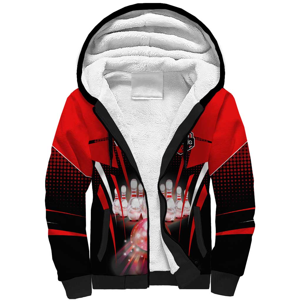 Red Bowling Strike Graphic Sherpa Hoodie with Pins and Ball and Custom Name Design - Wonder Print Shop
