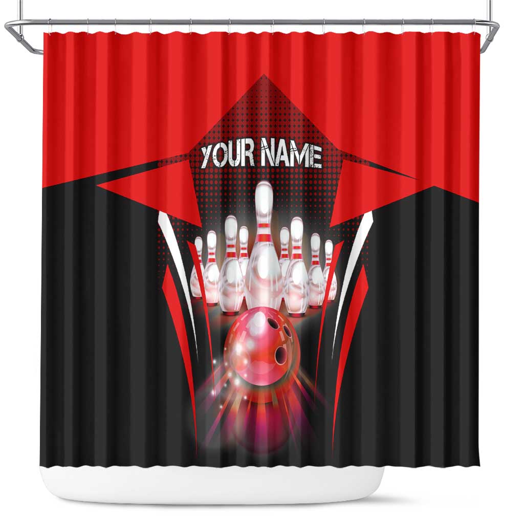 Red Bowling Strike Graphic Shower Curtain with Pins and Ball and Custom Name Design - Wonder Print Shop