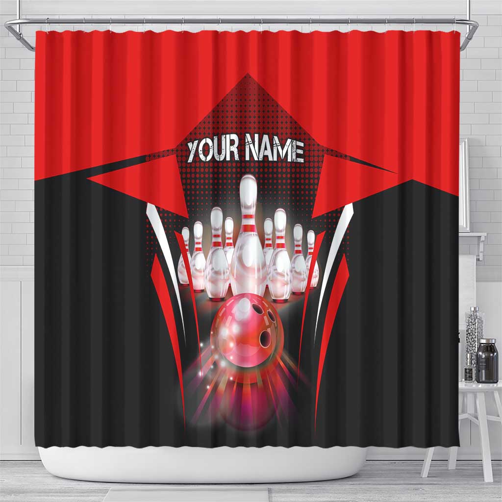 Red Bowling Strike Graphic Shower Curtain with Pins and Ball and Custom Name Design - Wonder Print Shop