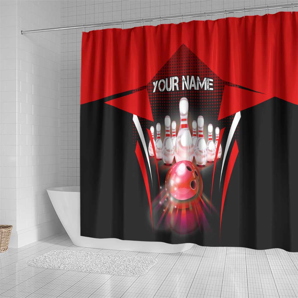 Red Bowling Strike Graphic Shower Curtain with Pins and Ball and Custom Name Design - Wonder Print Shop