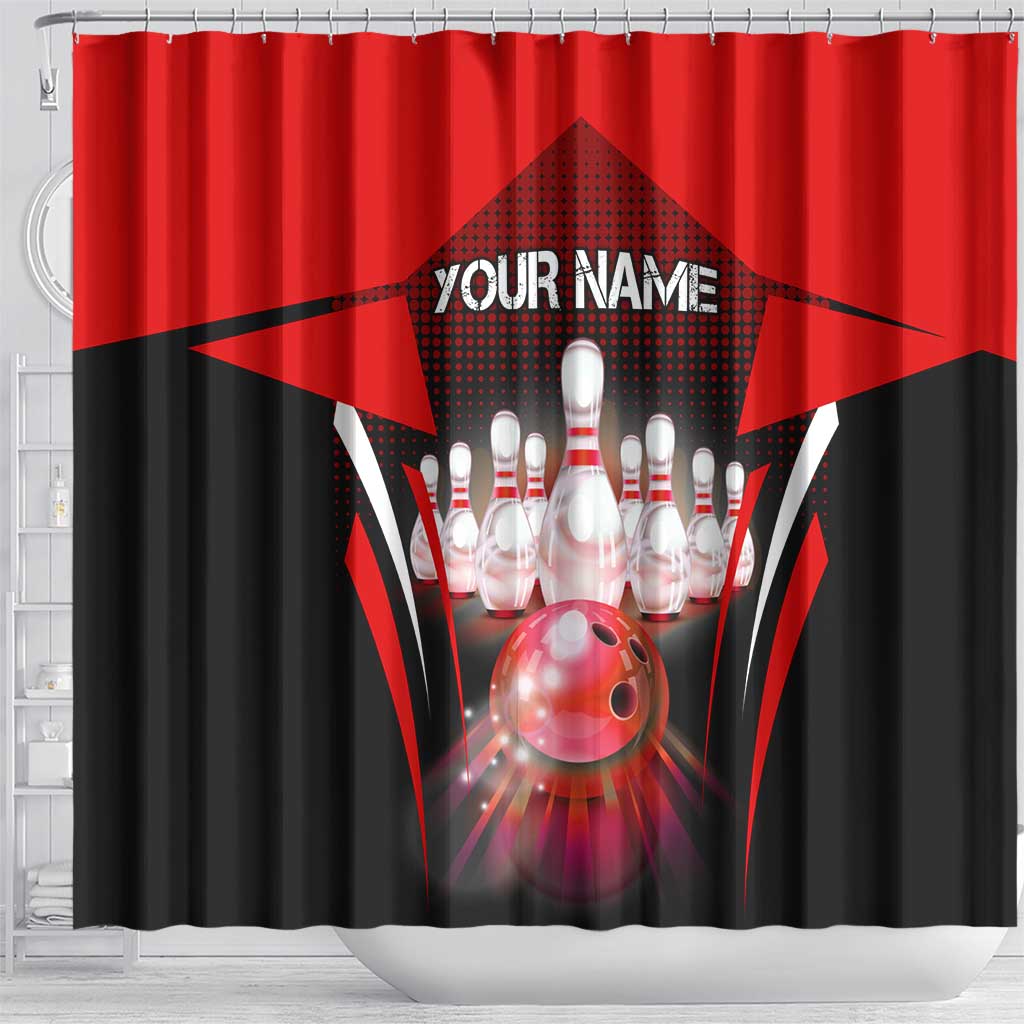 Red Bowling Strike Graphic Shower Curtain with Pins and Ball and Custom Name Design - Wonder Print Shop