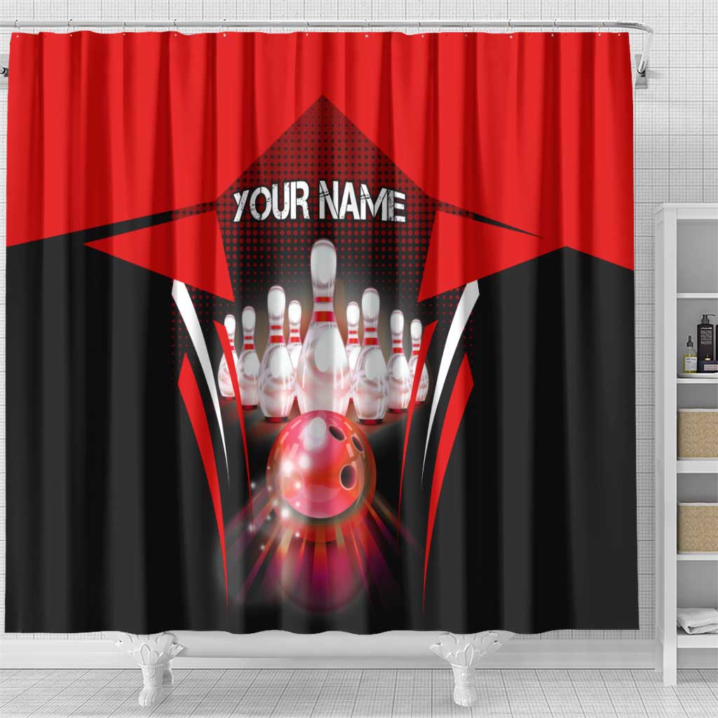 Red Bowling Strike Graphic Shower Curtain with Pins and Ball and Custom Name Design - Wonder Print Shop
