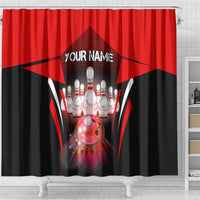 Red Bowling Strike Graphic Shower Curtain with Pins and Ball and Custom Name Design - Wonder Print Shop