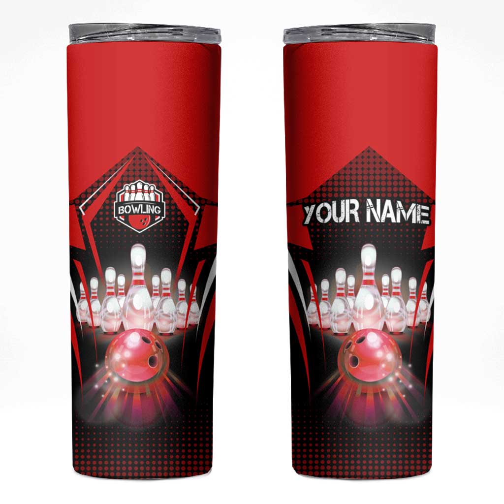 Red Bowling Strike Graphic Skinny Tumbler with Pins and Ball and Custom Name Design - Wonder Print Shop