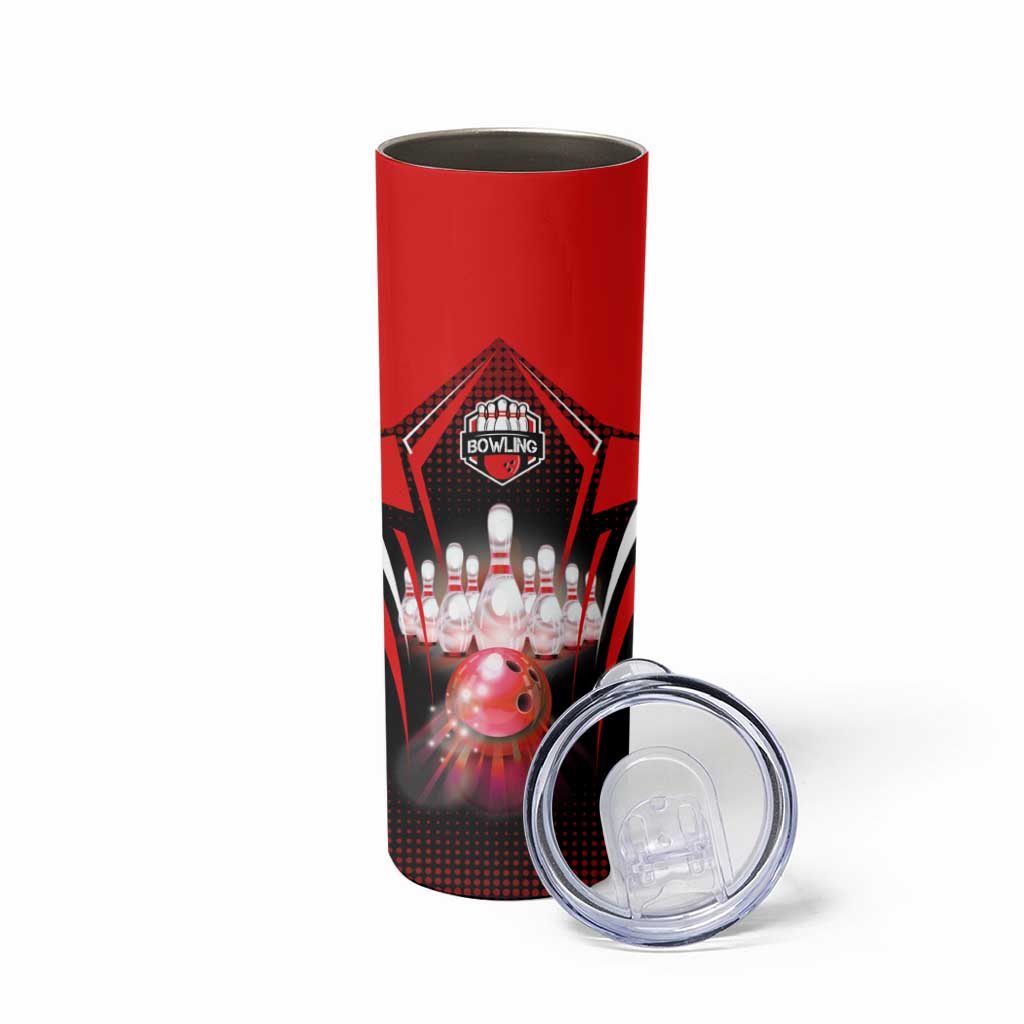 Red Bowling Strike Graphic Skinny Tumbler with Pins and Ball and Custom Name Design - Wonder Print Shop
