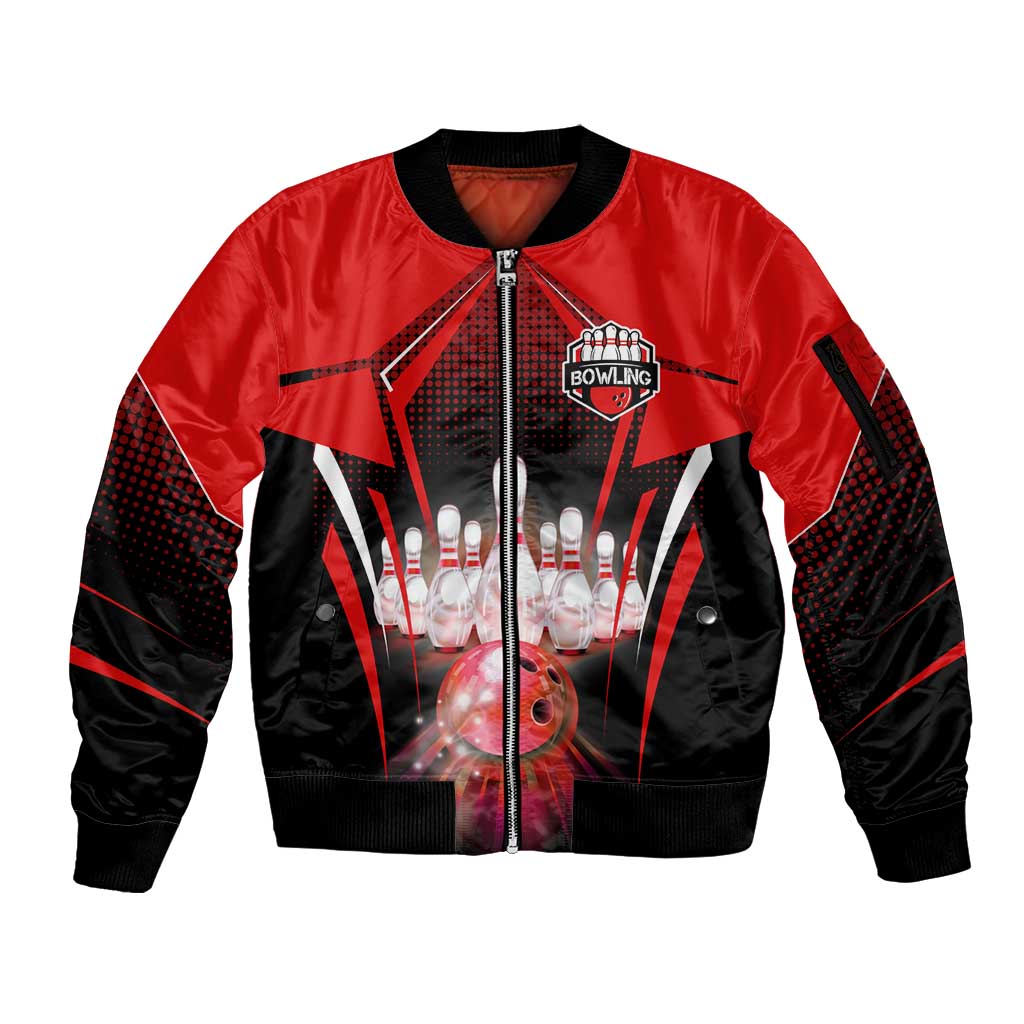 Red Bowling Strike Graphic Sleeve Zip Bomber Jacket with Pins and Ball and Custom Name Design - Wonder Print Shop