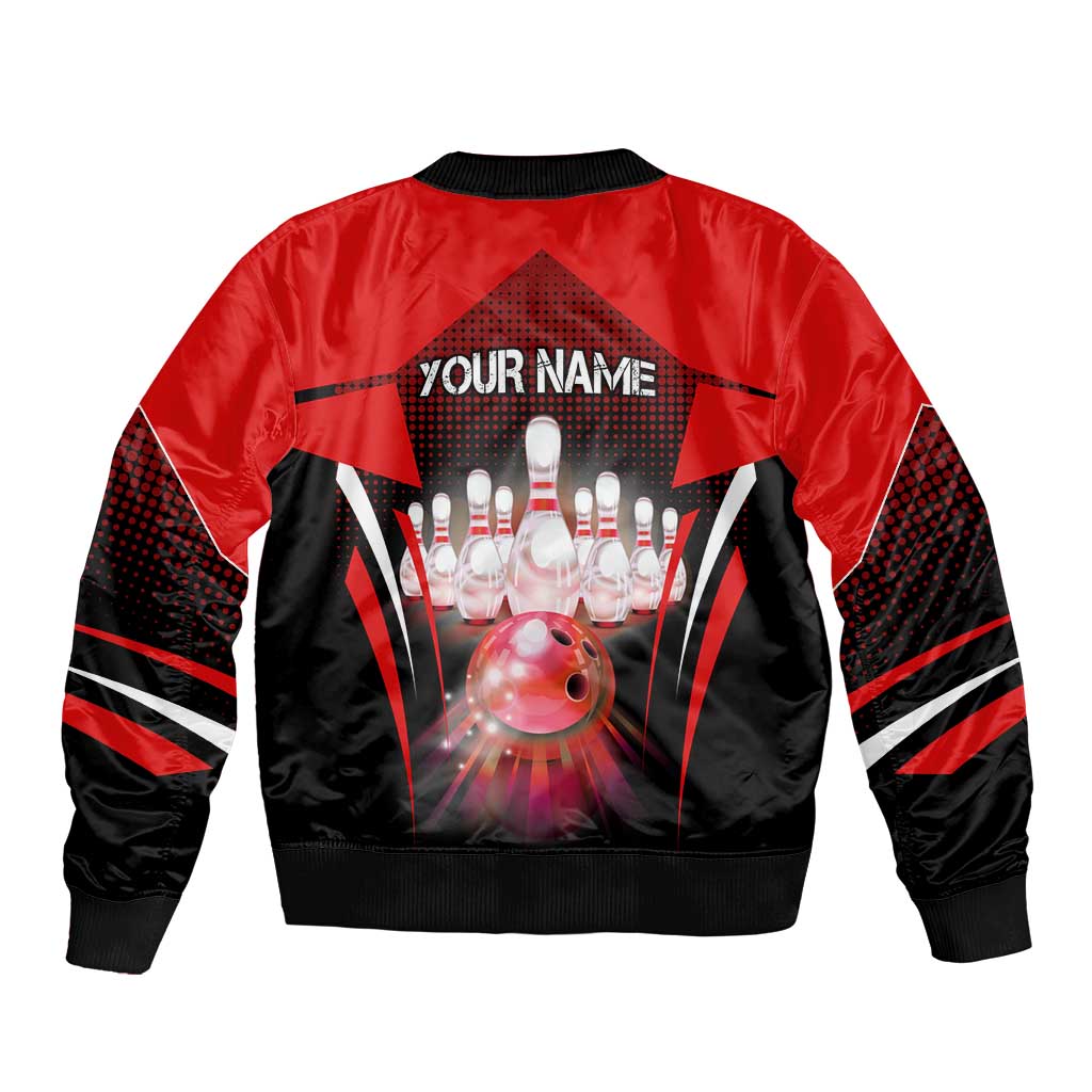 Red Bowling Strike Graphic Sleeve Zip Bomber Jacket with Pins and Ball and Custom Name Design - Wonder Print Shop