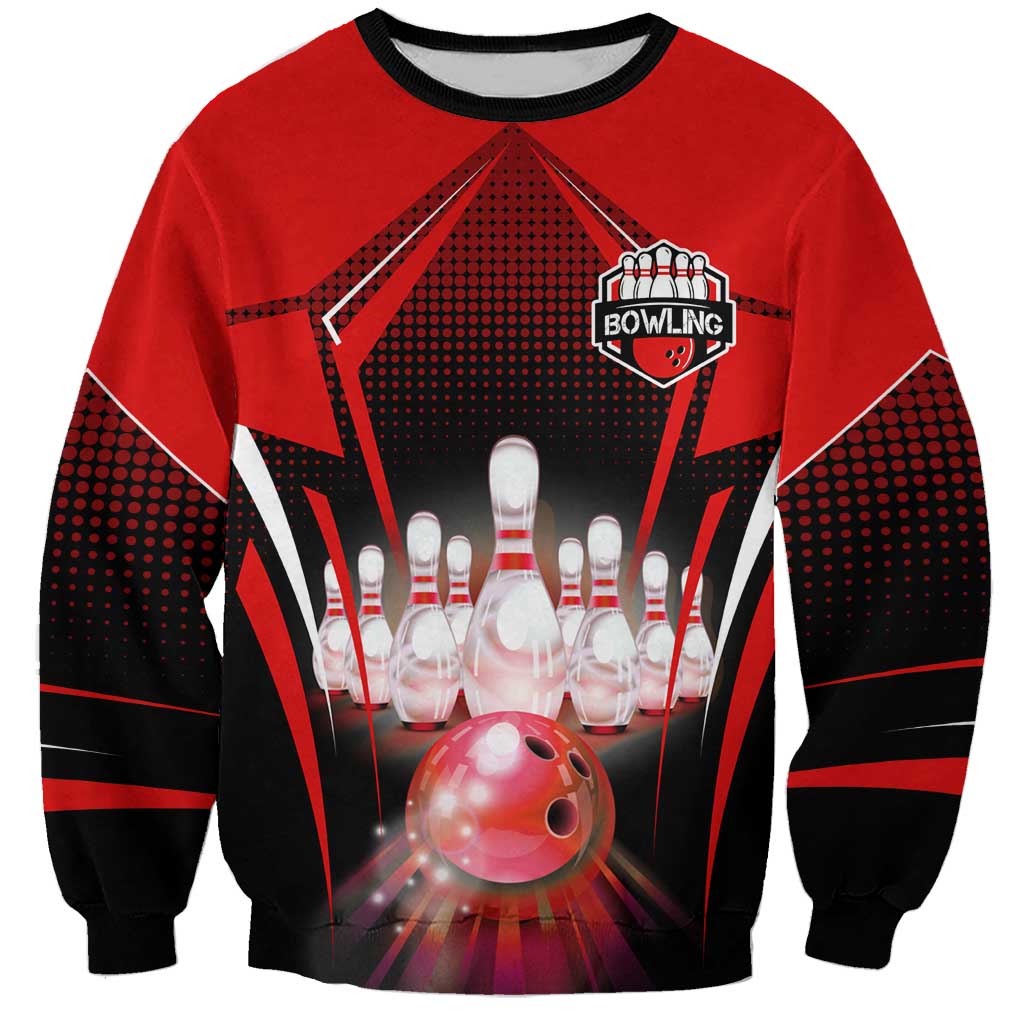 Red Bowling Strike Graphic Sweatshirt with Pins and Ball and Custom Name Design - Wonder Print Shop