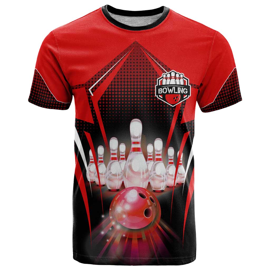 Red Bowling Strike Graphic T Shirt with Pins and Ball and Custom Name Design - Wonder Print Shop