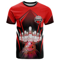 Red Bowling Strike Graphic T Shirt with Pins and Ball and Custom Name Design - Wonder Print Shop