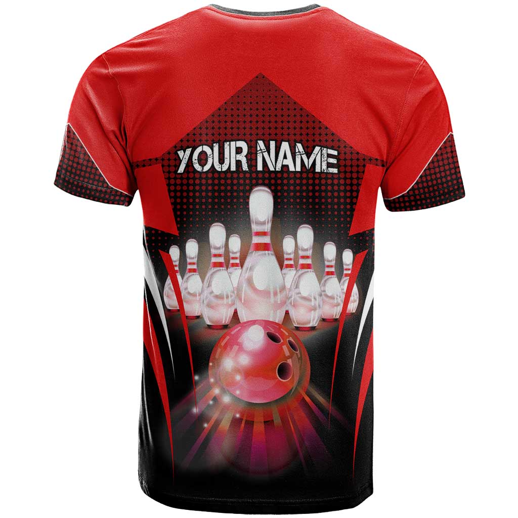 Red Bowling Strike Graphic T Shirt with Pins and Ball and Custom Name Design - Wonder Print Shop