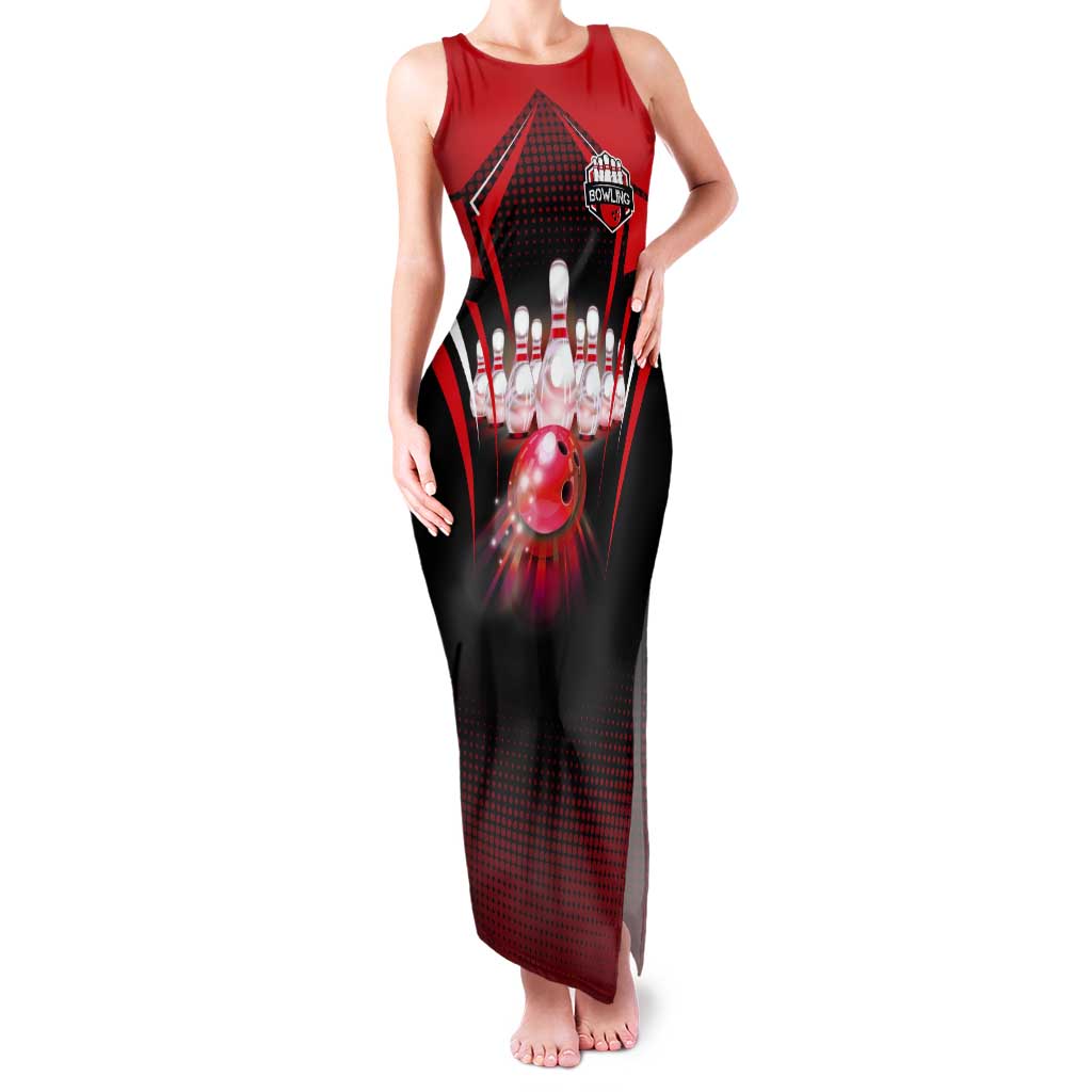 Red Bowling Strike Graphic Tank Maxi Dress with Pins and Ball and Custom Name Design - Wonder Print Shop