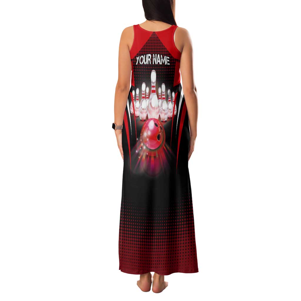 Red Bowling Strike Graphic Tank Maxi Dress with Pins and Ball and Custom Name Design - Wonder Print Shop