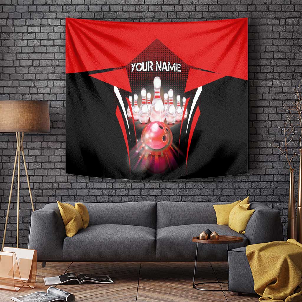 Red Bowling Strike Graphic Tapestry with Pins and Ball and Custom Name Design - Wonder Print Shop