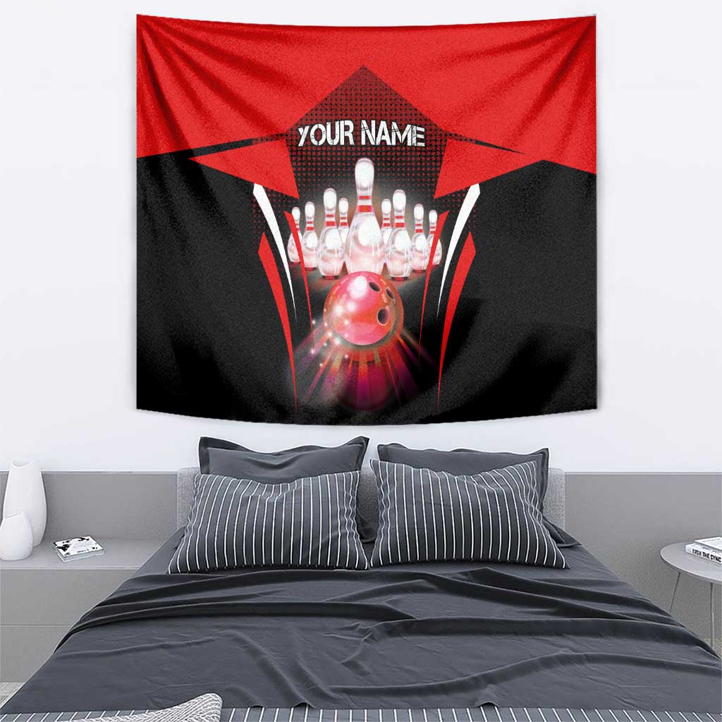 Red Bowling Strike Graphic Tapestry with Pins and Ball and Custom Name Design - Wonder Print Shop
