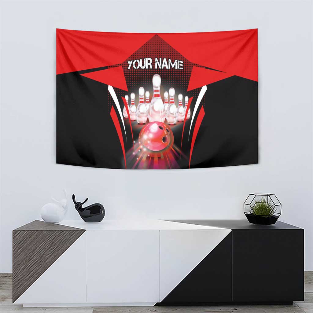 Red Bowling Strike Graphic Tapestry with Pins and Ball and Custom Name Design - Wonder Print Shop