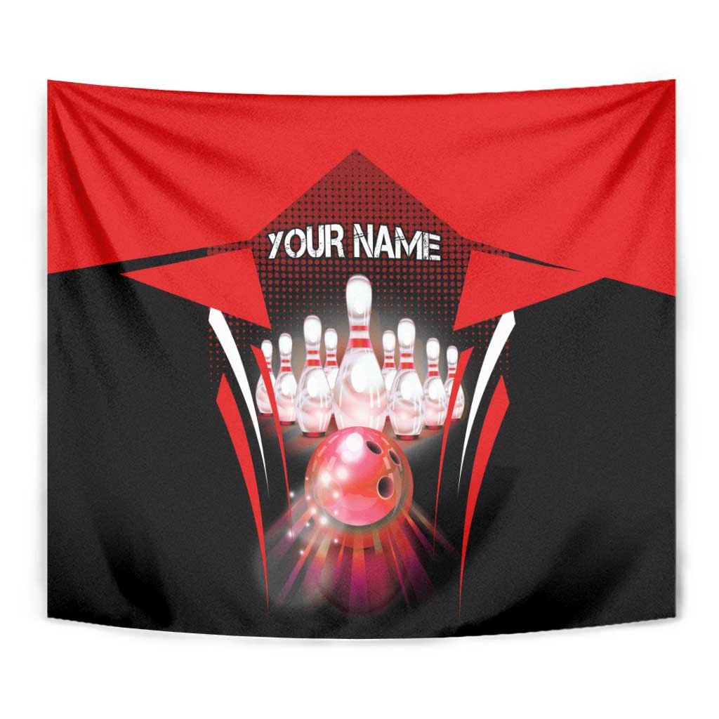 Red Bowling Strike Graphic Tapestry with Pins and Ball and Custom Name Design - Wonder Print Shop