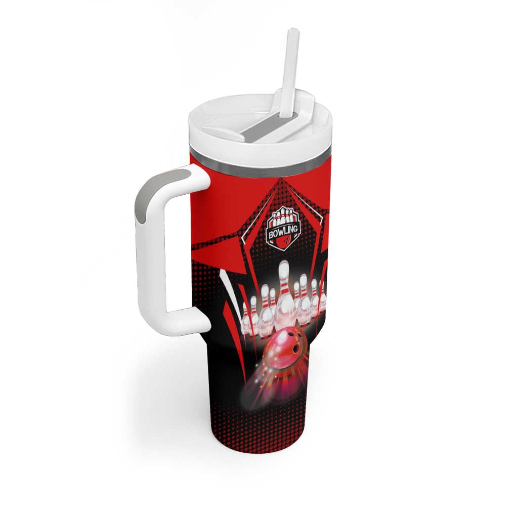 Red Bowling Strike Graphic Tumbler With Handle with Pins and Ball and Custom Name Design - Wonder Print Shop