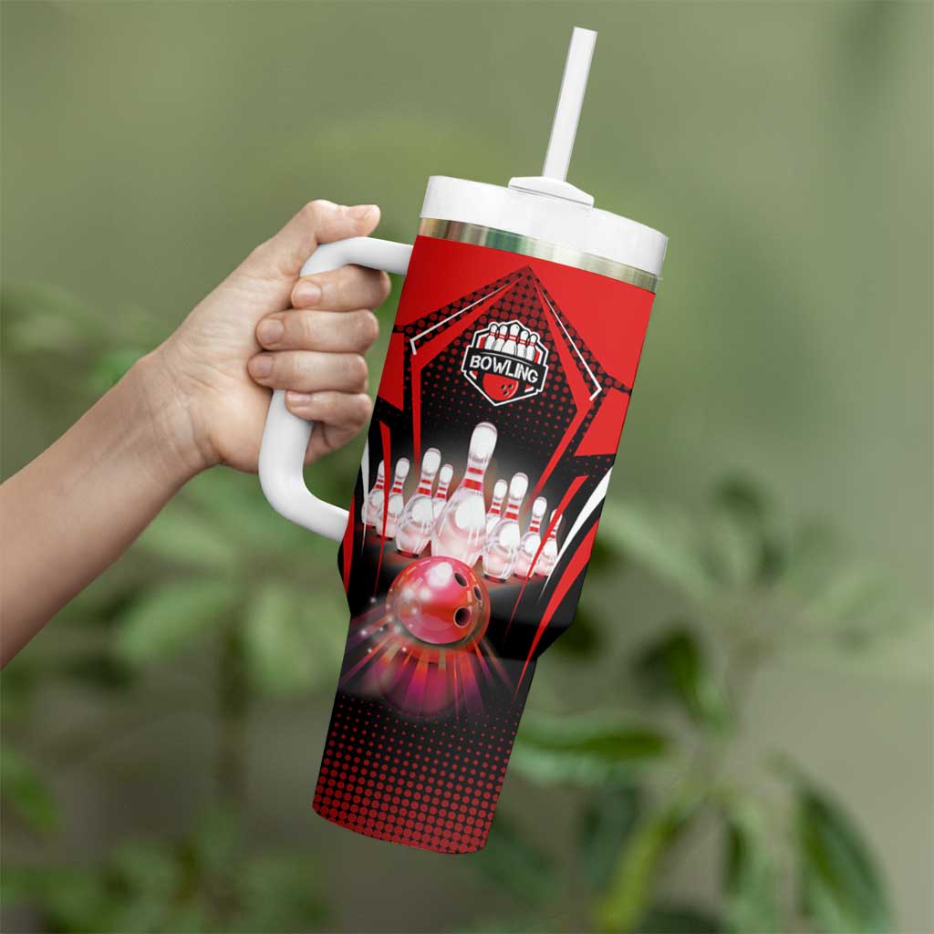 Red Bowling Strike Graphic Tumbler With Handle with Pins and Ball and Custom Name Design - Wonder Print Shop