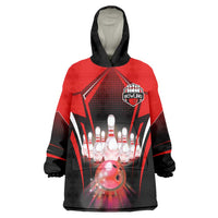 Red Bowling Strike Graphic Wearable Blanket Hoodie with Pins and Ball and Custom Name Design - Wonder Print Shop