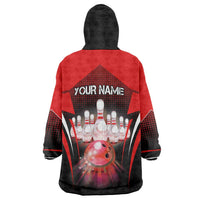 Red Bowling Strike Graphic Wearable Blanket Hoodie with Pins and Ball and Custom Name Design - Wonder Print Shop