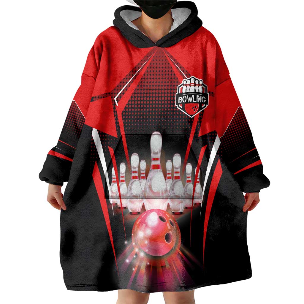 Red Bowling Strike Graphic Wearable Blanket Hoodie with Pins and Ball and Custom Name Design - Wonder Print Shop
