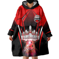 Red Bowling Strike Graphic Wearable Blanket Hoodie with Pins and Ball and Custom Name Design - Wonder Print Shop