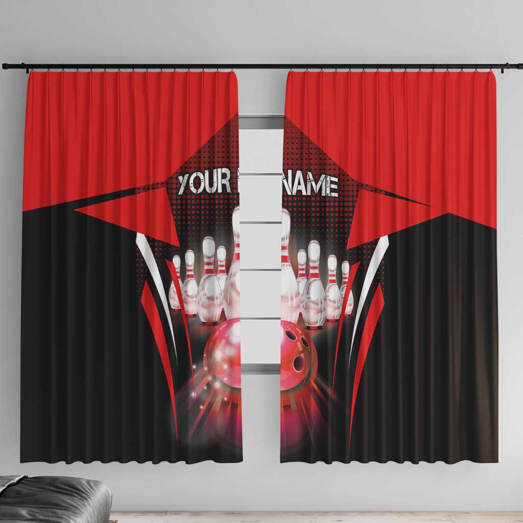 Red Bowling Strike Graphic Window Curtain with Pins and Ball and Custom Name Design - Wonder Print Shop