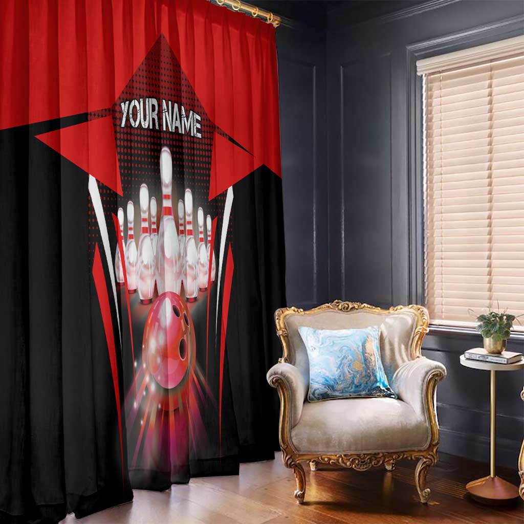 Red Bowling Strike Graphic Window Curtain with Pins and Ball and Custom Name Design - Wonder Print Shop