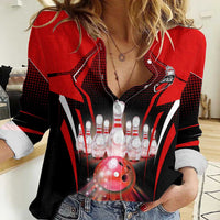 Red Bowling Strike Graphic Women Casual Shirt with Pins and Ball and Custom Name Design - Wonder Print Shop