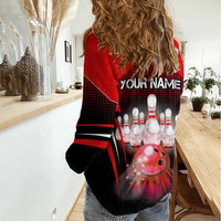 Red Bowling Strike Graphic Women Casual Shirt with Pins and Ball and Custom Name Design - Wonder Print Shop