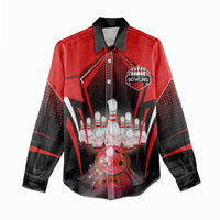 Red Bowling Strike Graphic Women Casual Shirt with Pins and Ball and Custom Name Design - Wonder Print Shop