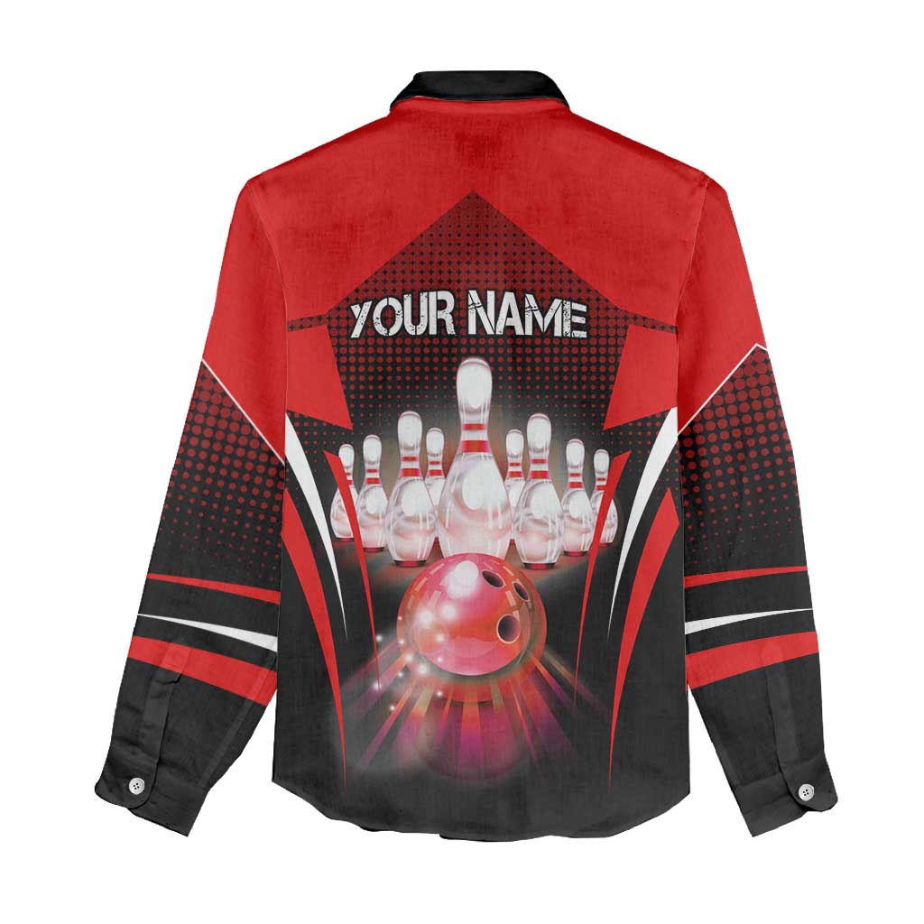 Red Bowling Strike Graphic Women Casual Shirt with Pins and Ball and Custom Name Design - Wonder Print Shop