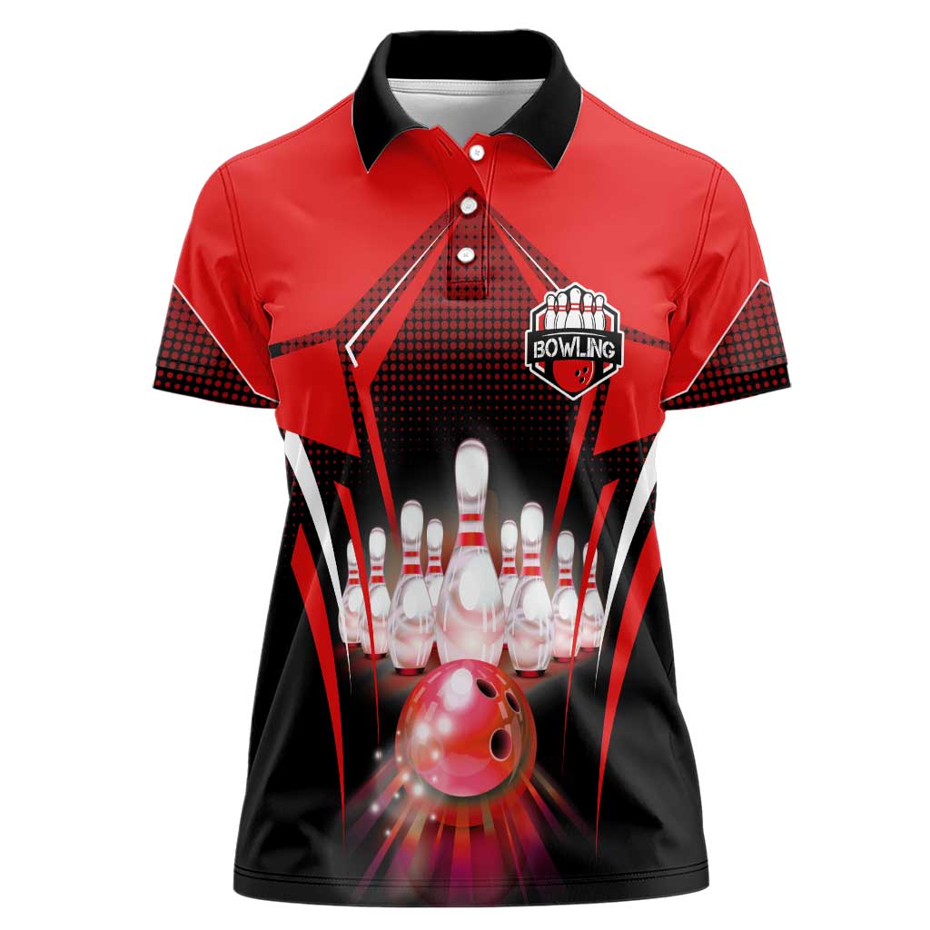 Red Bowling Strike Graphic Women Polo Shirt with Pins and Ball and Custom Name Design - Wonder Print Shop