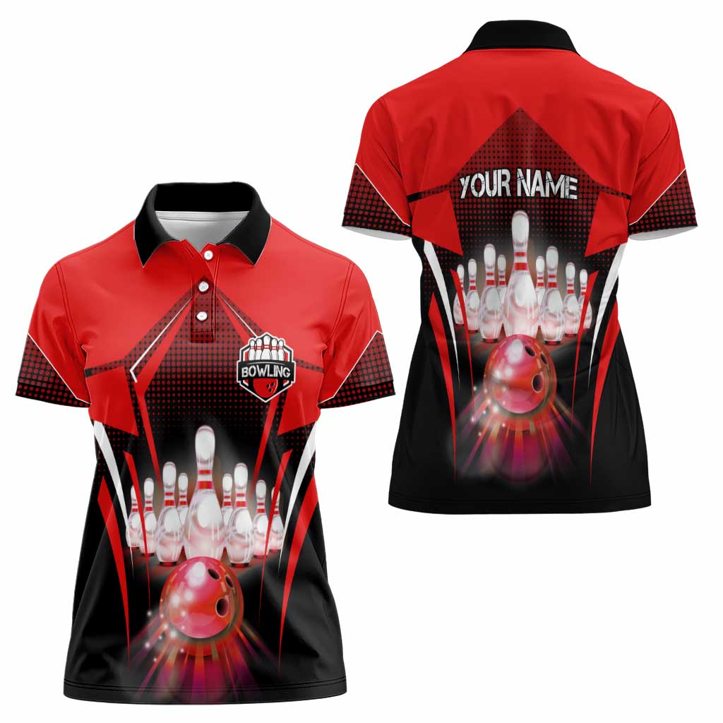 Red Bowling Strike Graphic Women Polo Shirt with Pins and Ball and Custom Name Design - Wonder Print Shop
