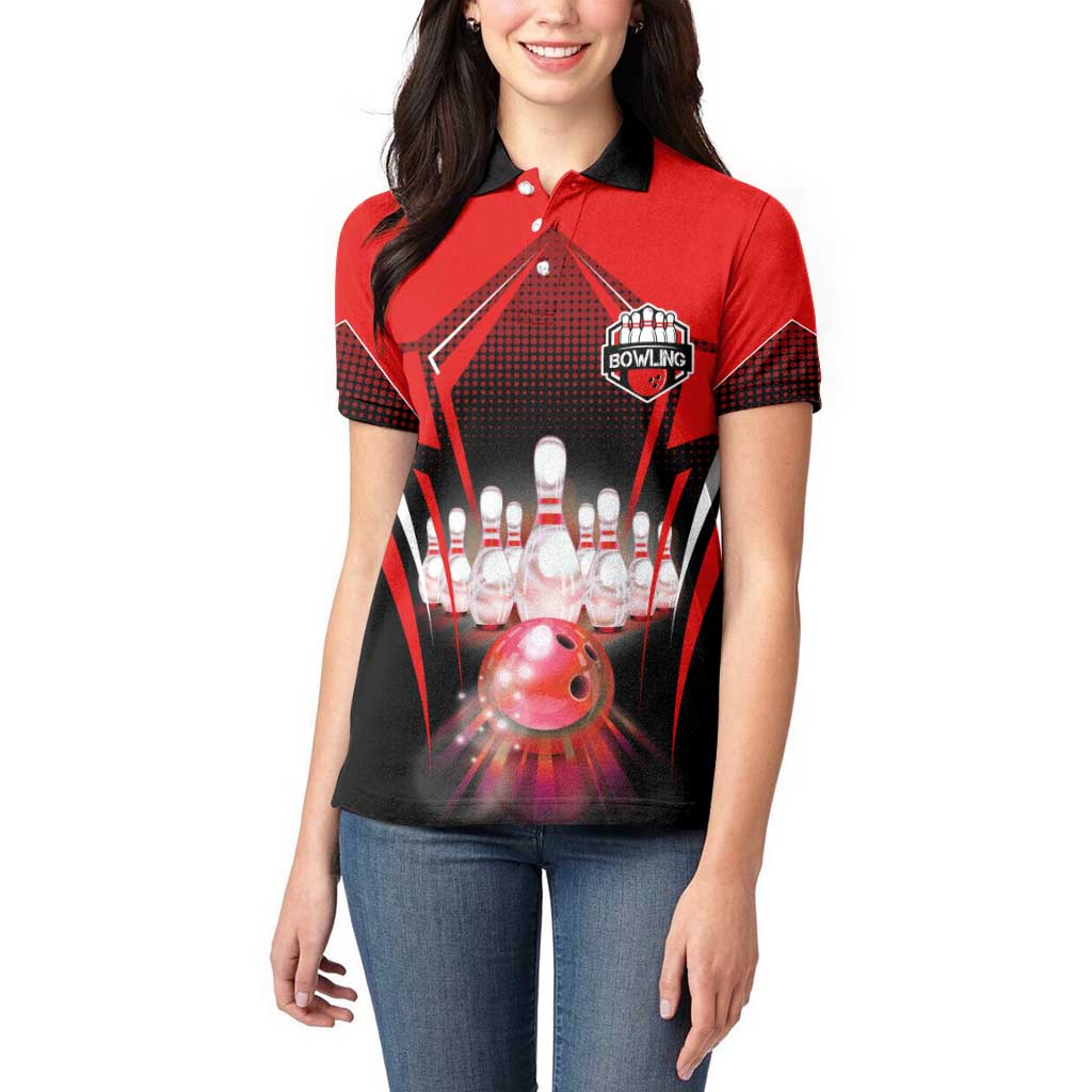 Red Bowling Strike Graphic Women Polo Shirt with Pins and Ball and Custom Name Design - Wonder Print Shop