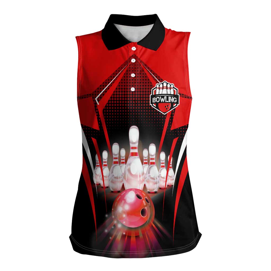 Red Bowling Strike Graphic Women Sleeveless Polo Shirt with Pins and Ball and Custom Name Design - Wonder Print Shop