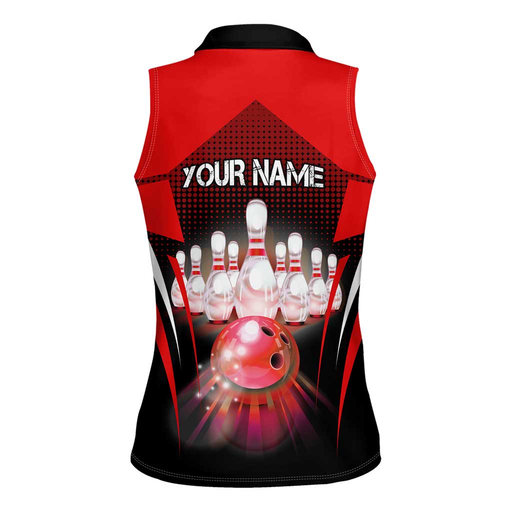 Red Bowling Strike Graphic Women Sleeveless Polo Shirt with Pins and Ball and Custom Name Design - Wonder Print Shop