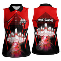 Red Bowling Strike Graphic Women Sleeveless Polo Shirt with Pins and Ball and Custom Name Design - Wonder Print Shop