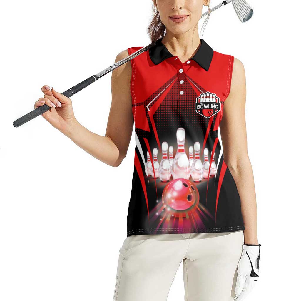 Red Bowling Strike Graphic Women Sleeveless Polo Shirt with Pins and Ball and Custom Name Design - Wonder Print Shop