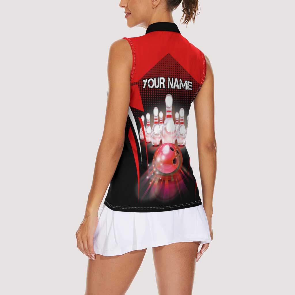 Red Bowling Strike Graphic Women Sleeveless Polo Shirt with Pins and Ball and Custom Name Design - Wonder Print Shop