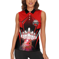 Red Bowling Strike Graphic Women Sleeveless Polo Shirt with Pins and Ball and Custom Name Design - Wonder Print Shop